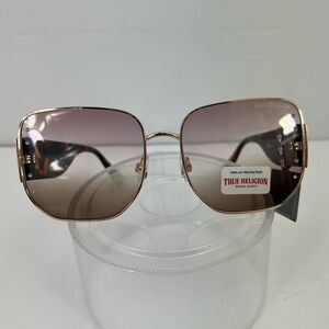 TRUE RELIGION SUNGLASSES, GOLD FRAME W/BROWN WAFER SIDE, 5 SEQUINS ON THE LENS